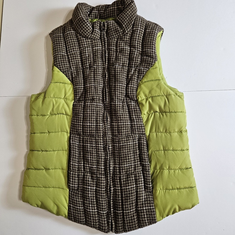 Ruff Hewn Vest Womens M Green Plaid Puffer Zip Quilted Houndstooth